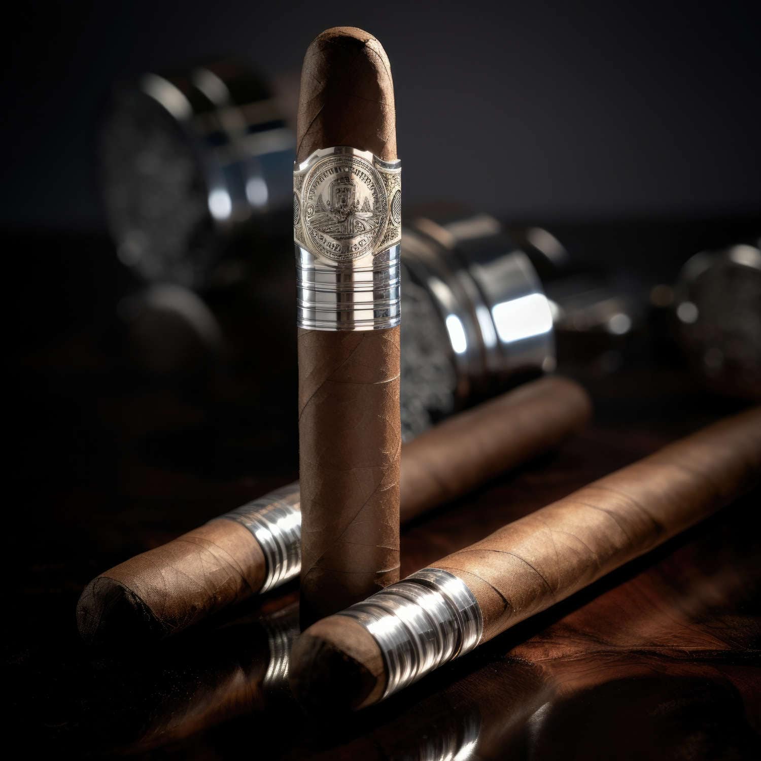 Three premium cigars with ornate silver crest bands arranged on dark polished mahogany alongside silver cigar cutters