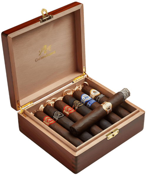 Open premium cedar humidor with a curated selection of hand-rolled cigars with colorful branded bands