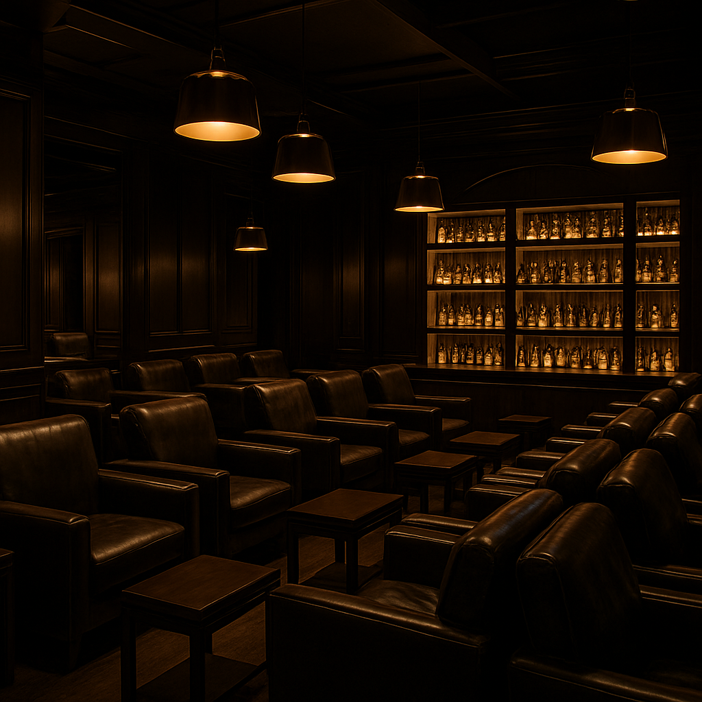 Wide view of an exclusive members cigar club with rows of leather armchairs and warm lighting